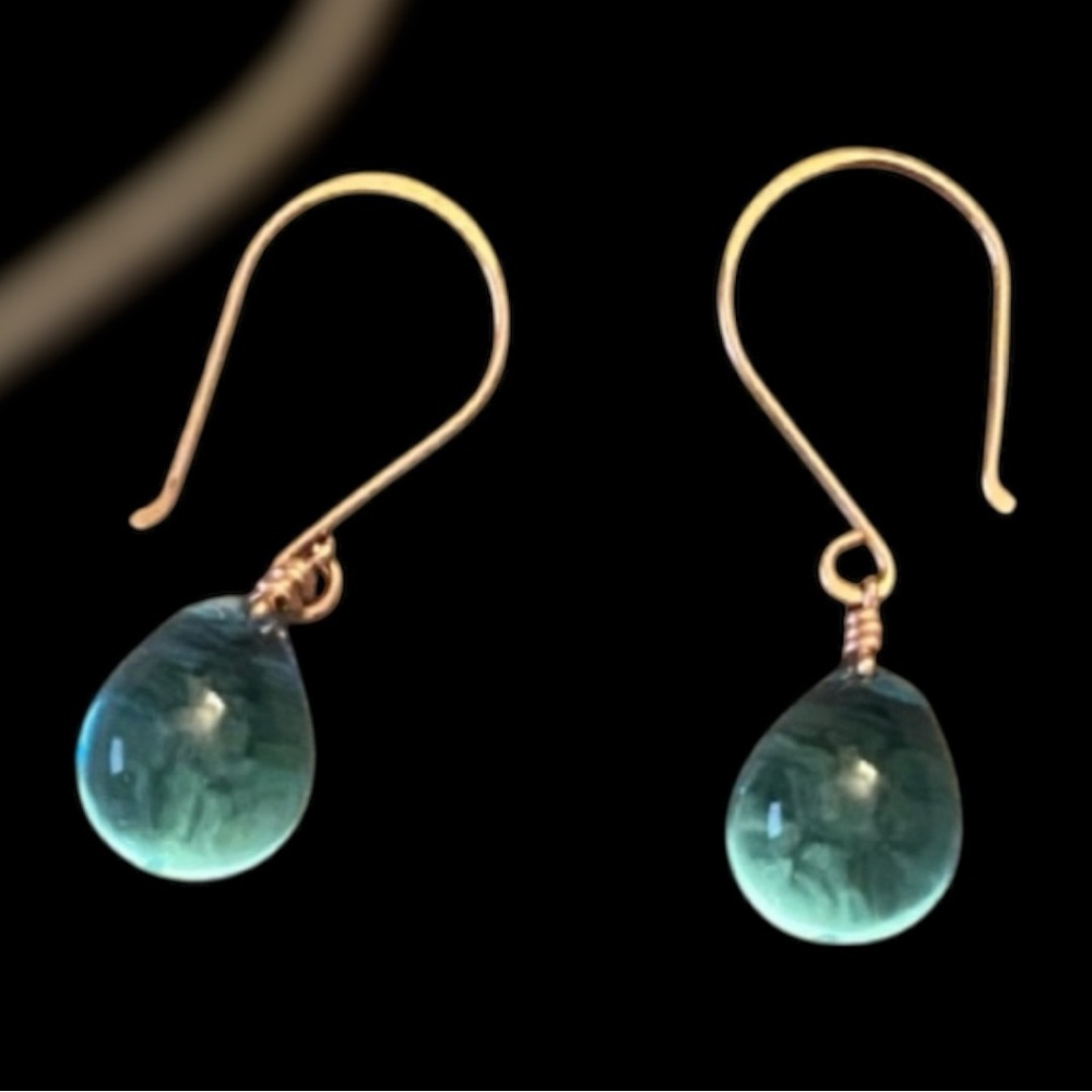 Blue-Green Fluorite Style Teardrop Dangle Earrings - Gold Tone